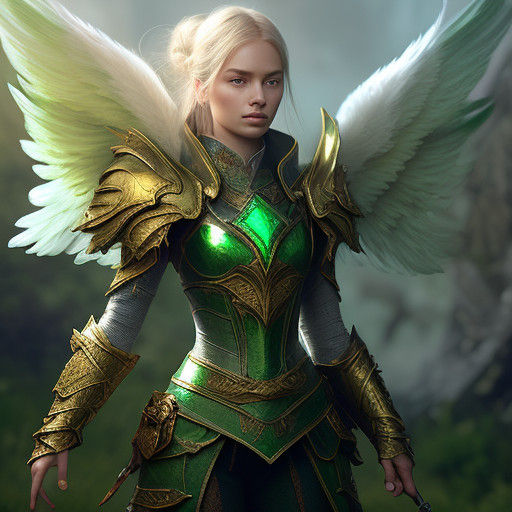 Hyper-Realistic Angel in Golden Armor with Emerald Gem Staff