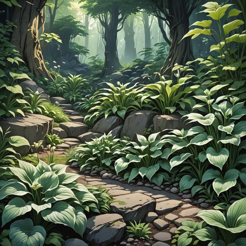 Lush Hosta Garden with Insects in Anime Style