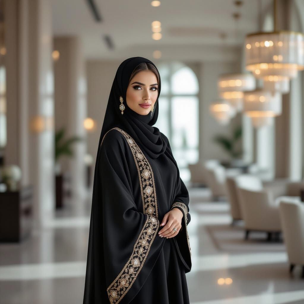 Businesswoman in Gemstone Abaya, Cinematic Photo