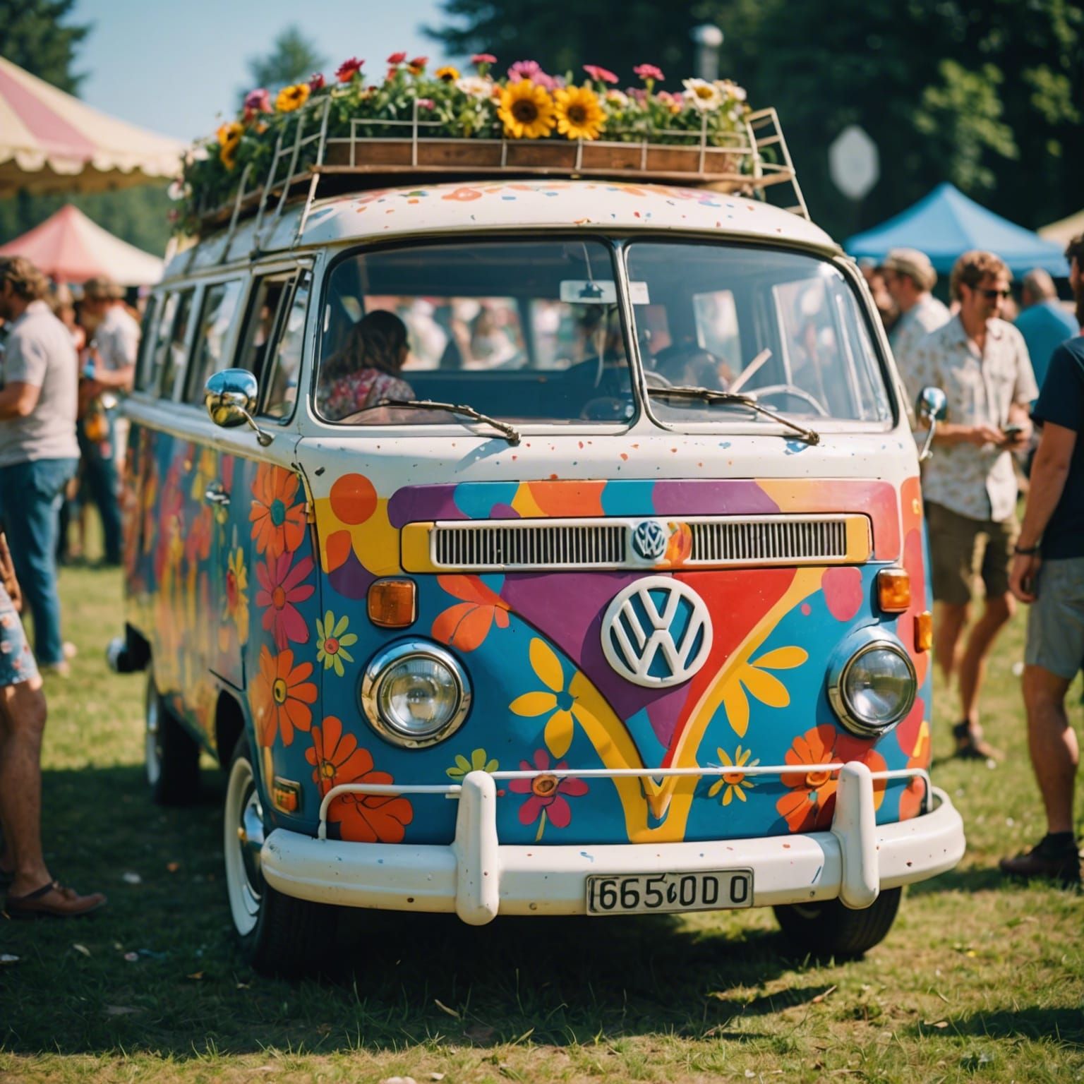 Hippies in Flower Van at 1965 Music Festival