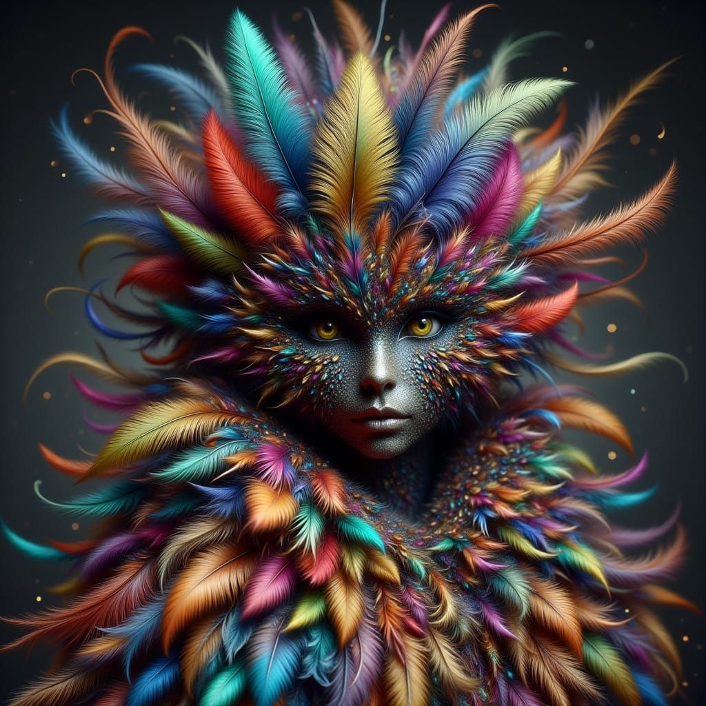 Feathered Figure with Kaleidoscopic Cloak