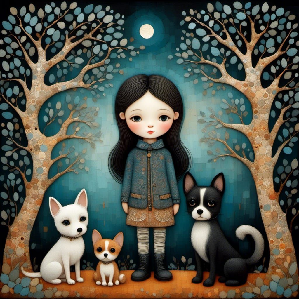 Toddler Siblings with Dog: Intricate Vintage Illustration