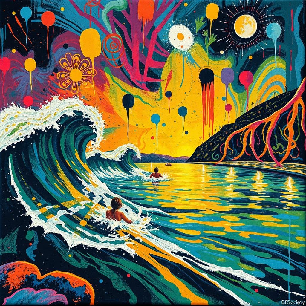 Abstract Expressionist Esalen Baths in Fabric Batik Style