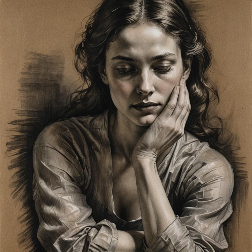 Contemplative Woman in Charcoal Drawing with Rembrandt Light...