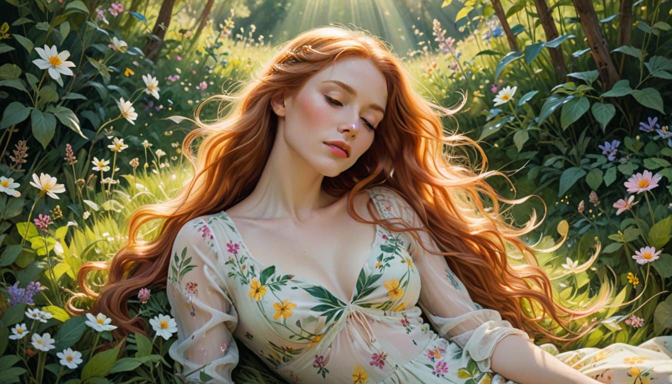 Woman in Wildflower Field: Watercolor Painting