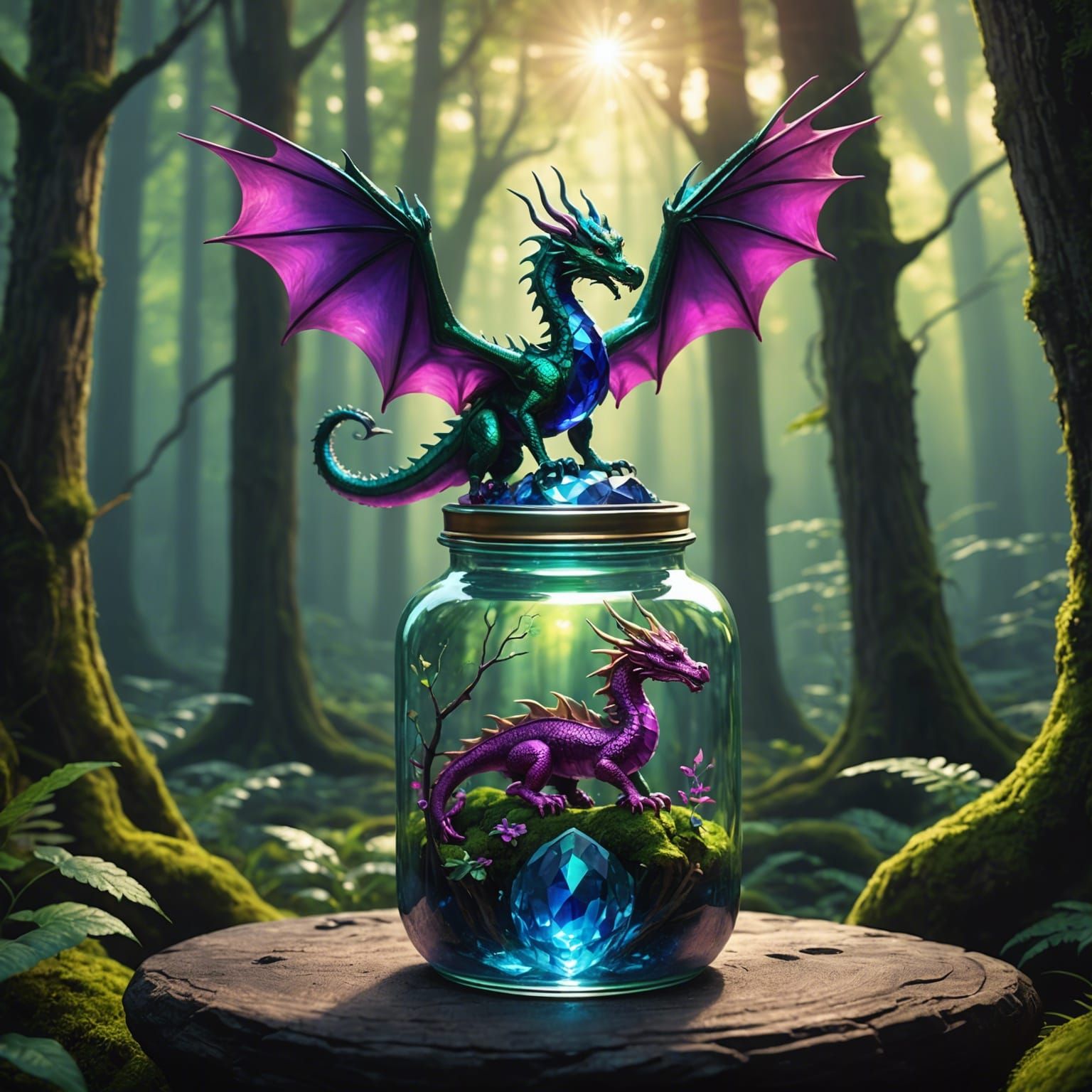 Sapphire Dragon in Glass Jar: Fantasy Digital Art