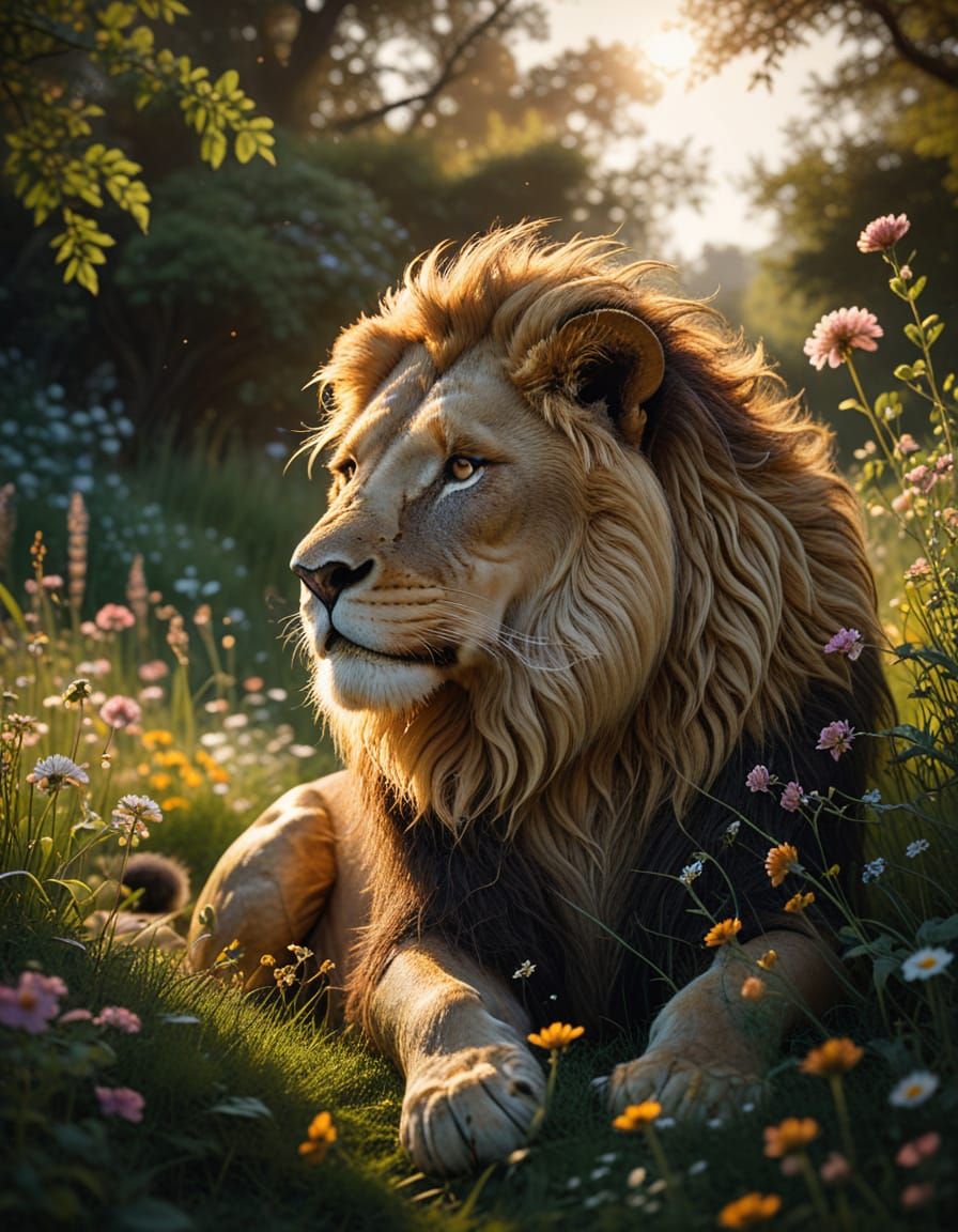 Surreal Art Nouveau Lion Reigns Over Vibrant Spring Meadow
