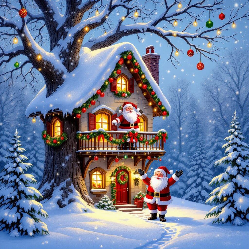 Whimsical Winter Treehouse Home with Santa