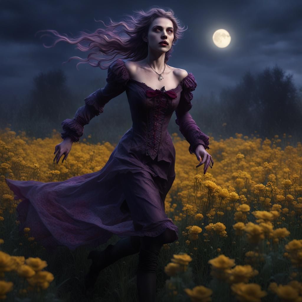 Gothic Vampire Runs in Moonlight Flower Field