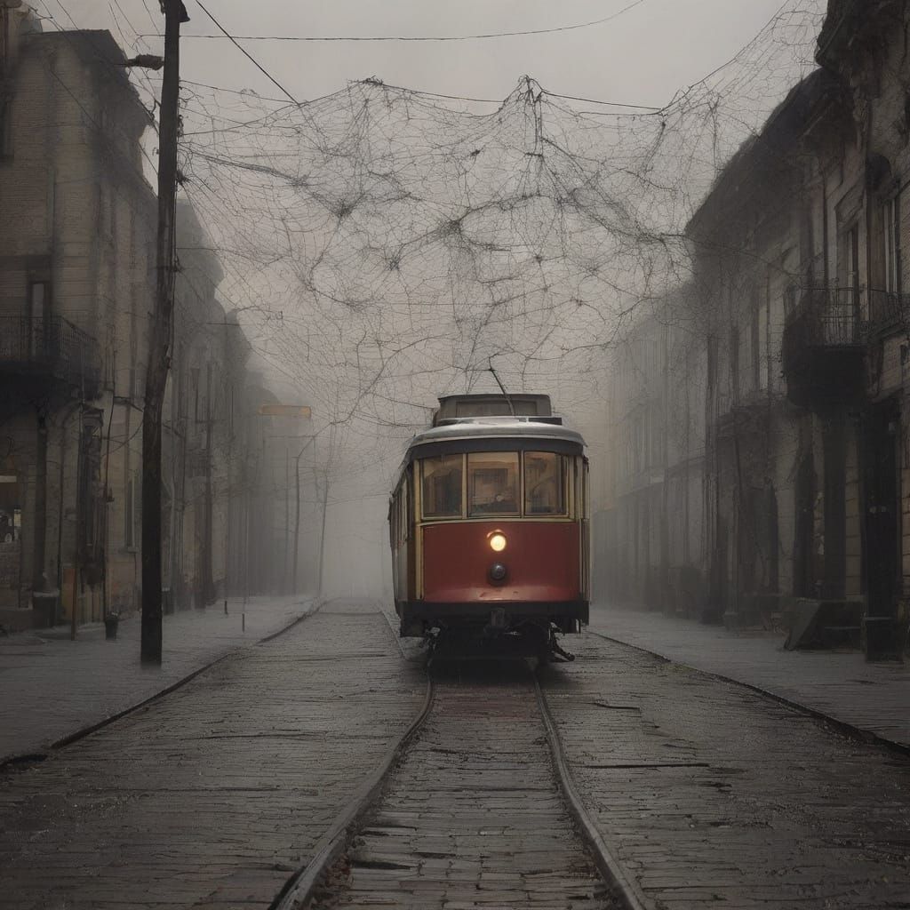 Surreal Spiderweb Tram in Moonlit Cityscape