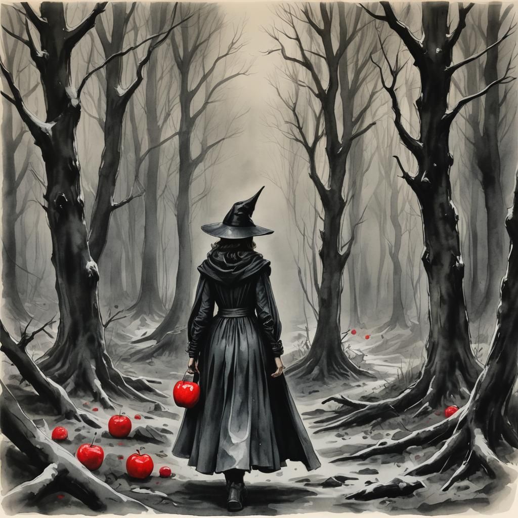 Snow White in Dark Forest, Watercolor Painting