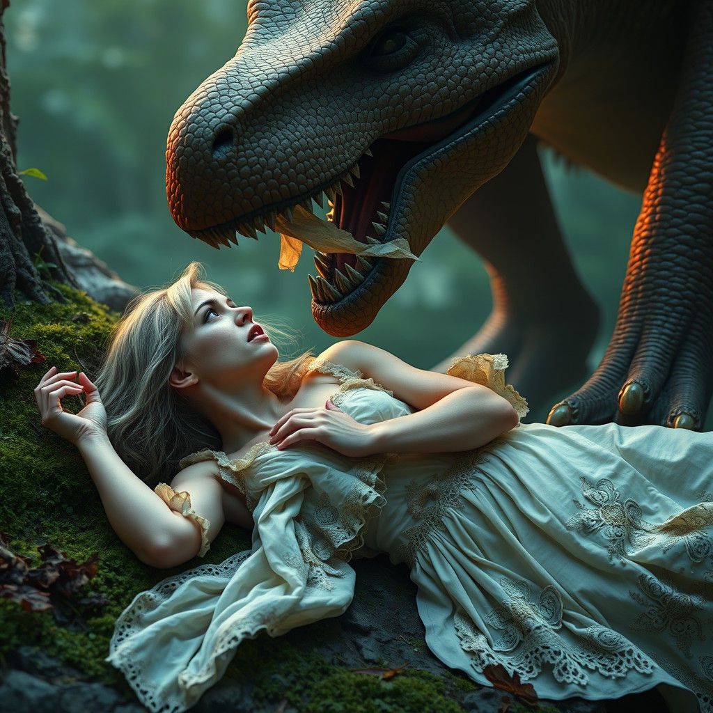 Terrified Maiden and Dinosaur in Dreamlike Landscape