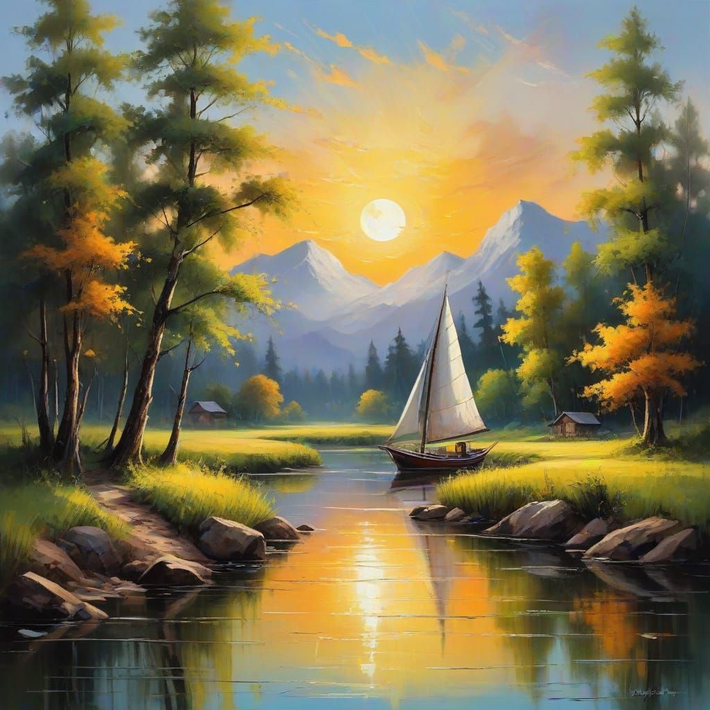 Rustic Landscape Painting of Abandoned Sailboat in Impasto S...