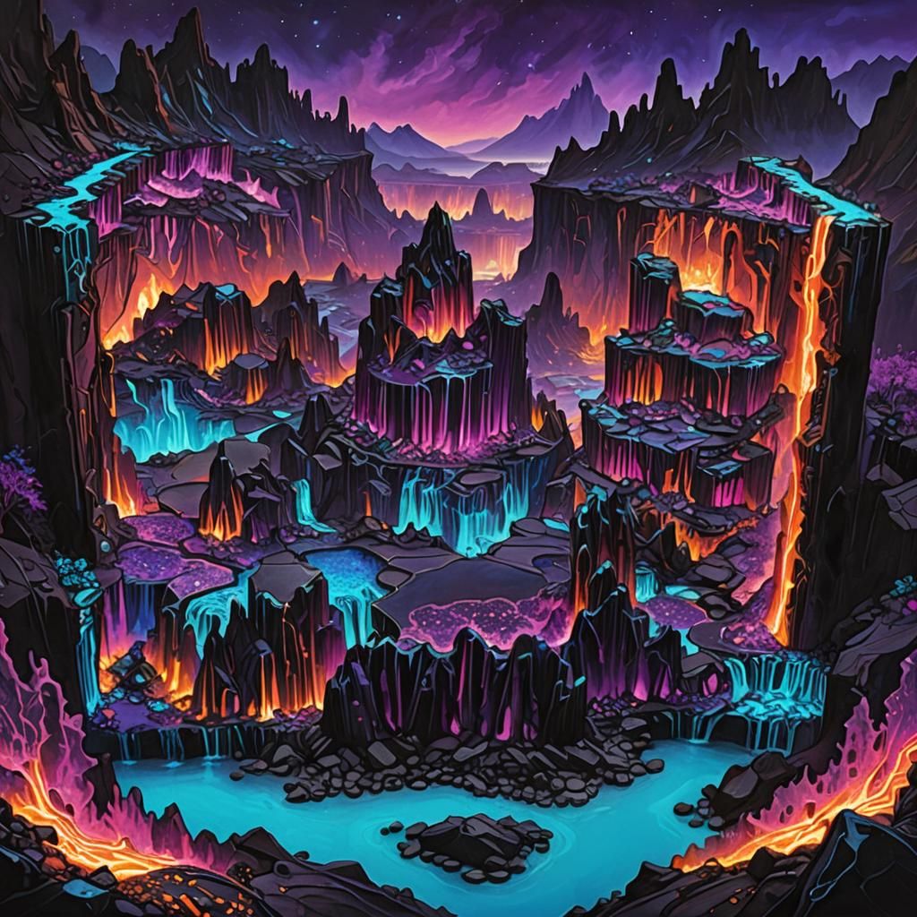 Bioluminescent Lava Cityscape in a Surreal Landscape