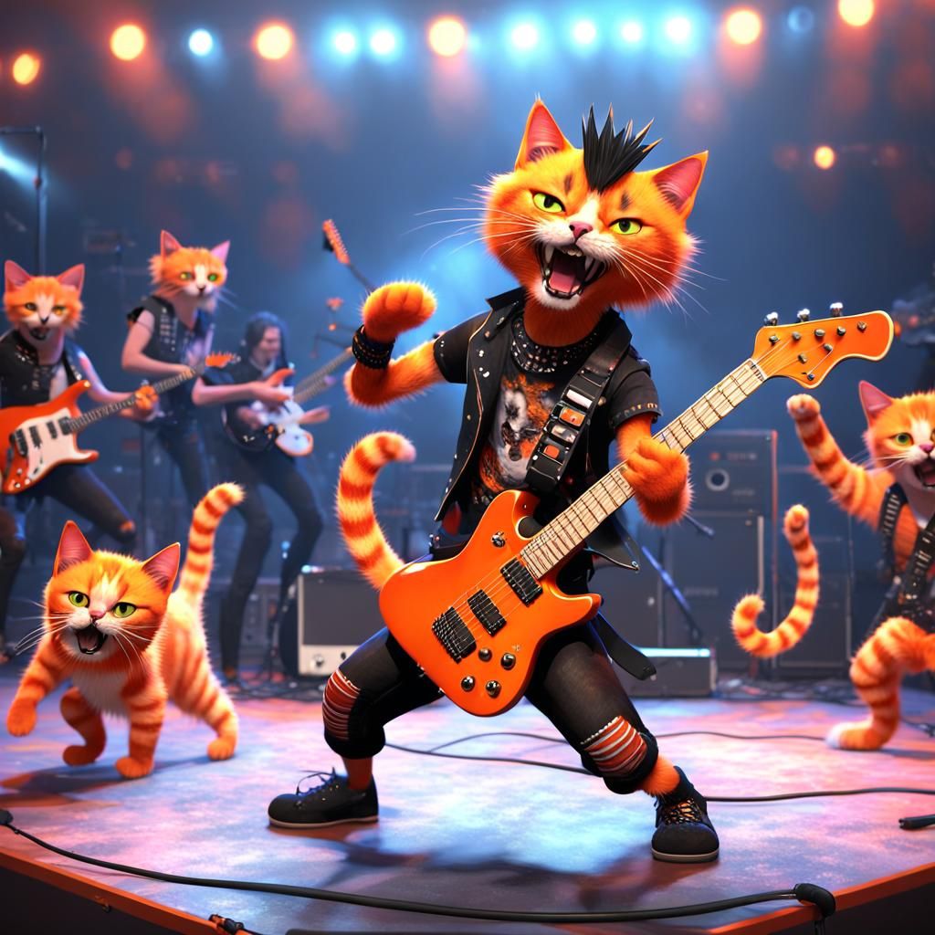 Orange Punk Rock Cat Concert in Photorealistic Style
