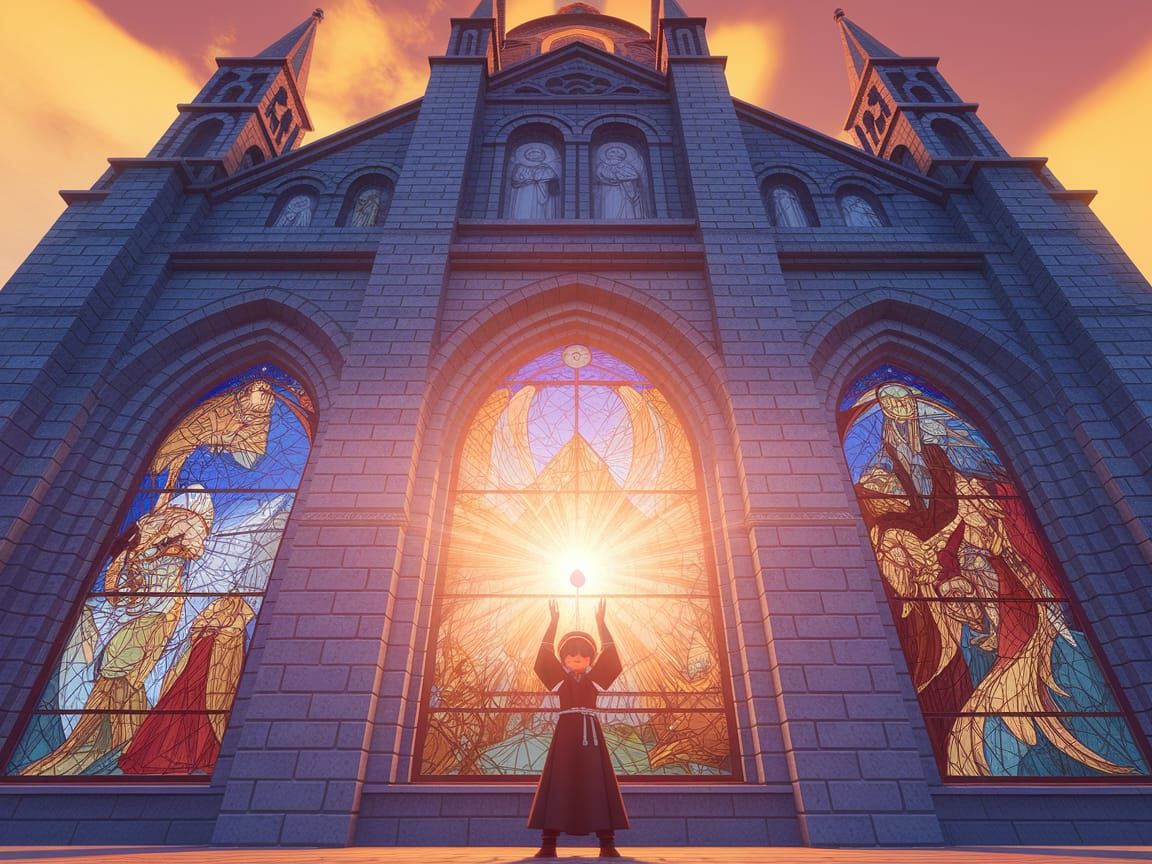Majestic Cathedral Under Golden Sunset in Vibrant 3D