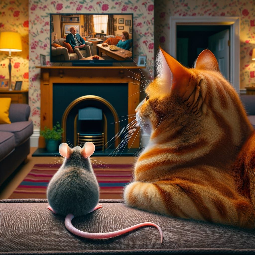 Cat and Mouse Watching TV Together