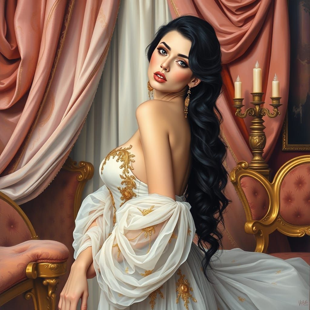 Ethereal Brunette Goddess in Lavish Baroque Setting