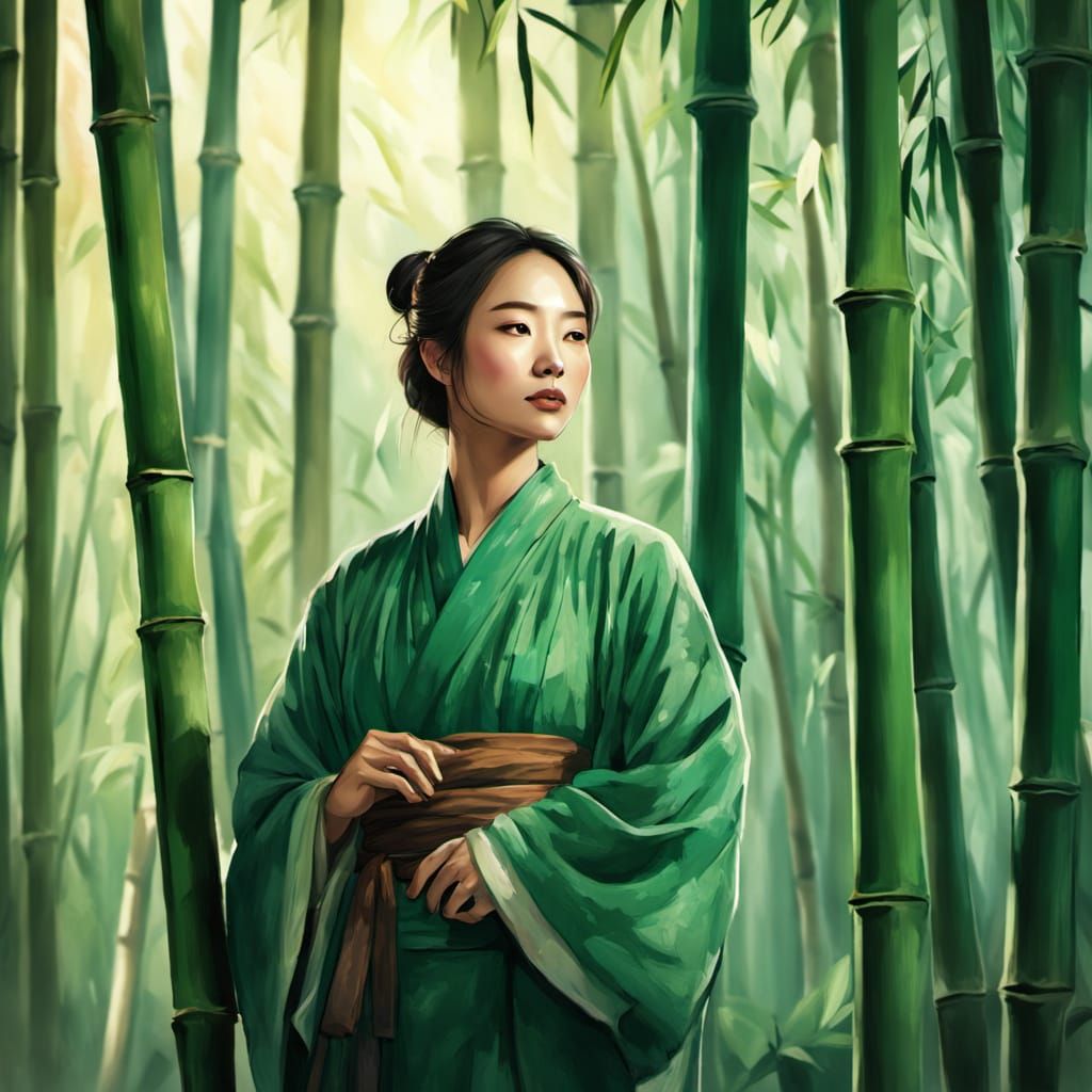 Serene Asian Woman in Bamboo Forest Concept Art