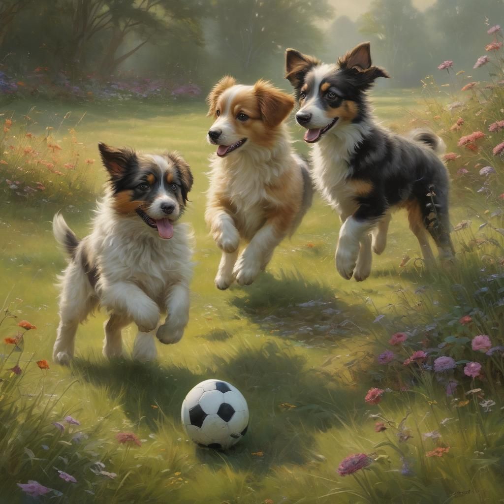 Puppies Play Soccer: An Ethereal Oil Painting