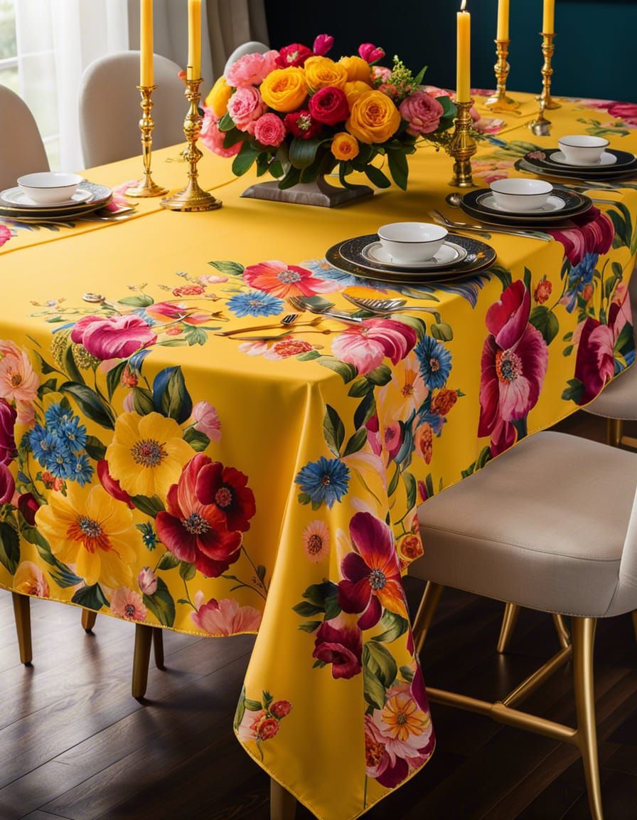 Yellow Tablecloth with Vibrant Floral Design Photo