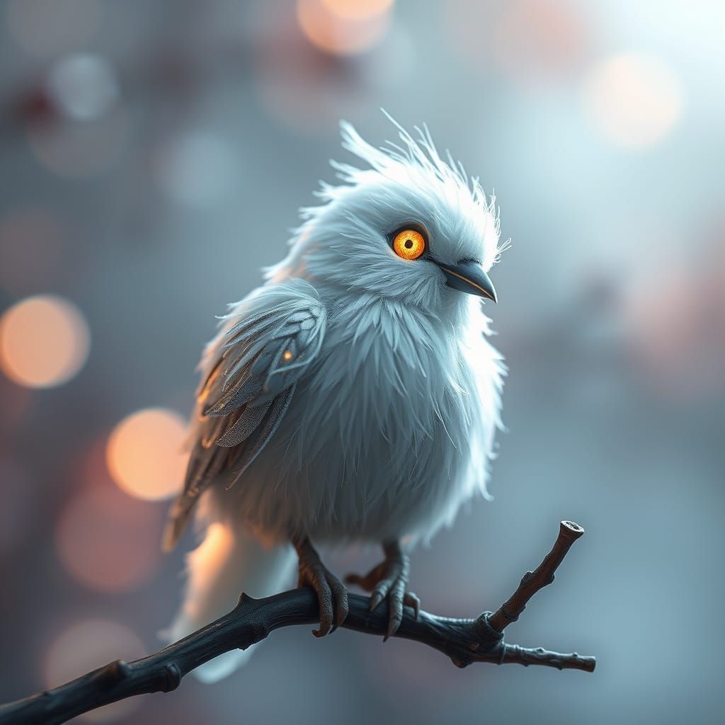 Surrealism A delicate, ethereal white bird with silver feathers sits beautifully on a branch. The bird's eyes glow in a ...