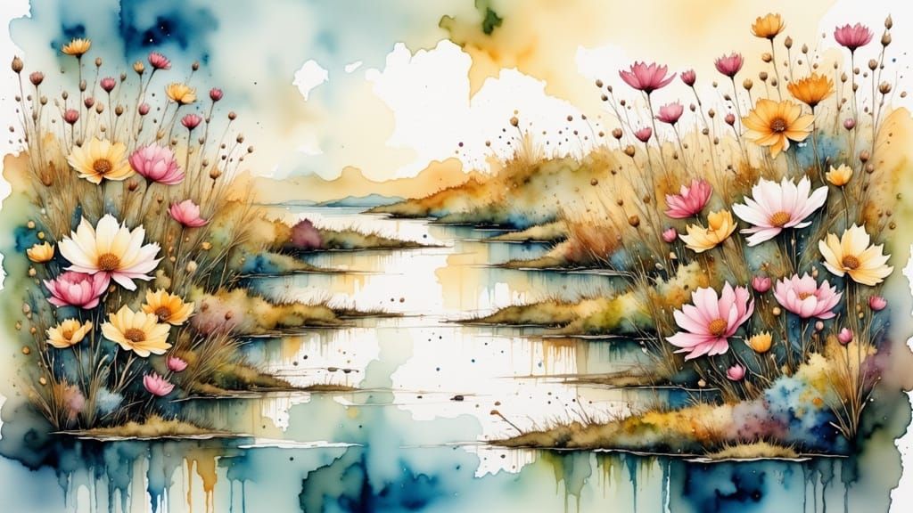 Watercolor Wetland Scene with Vibrant Blooms and Serene Wate...