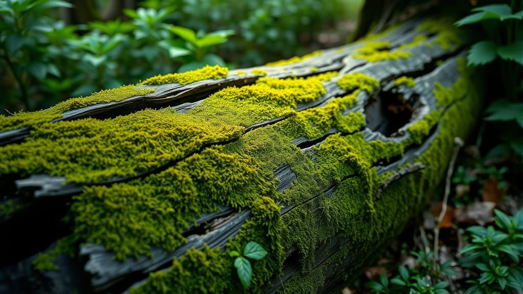 Mossy Log in Lush Forest, Hyperrealistic Style