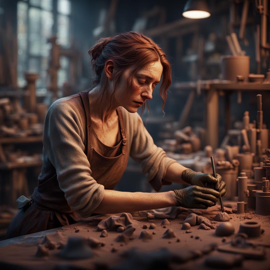 Tired Woman Working with Clay in Detailed Matte Painting