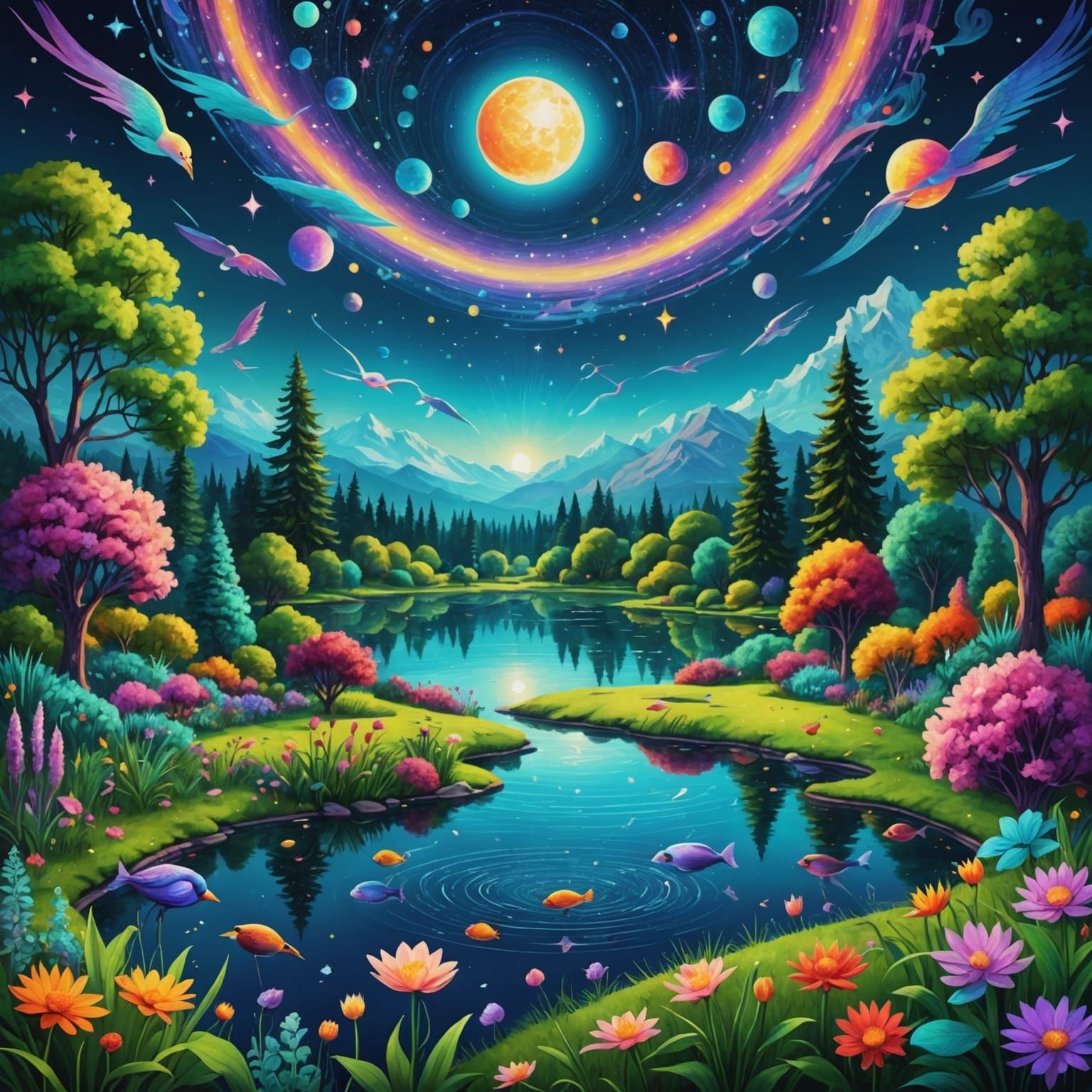 Cosmic Flock Over Garden Lake Illustration