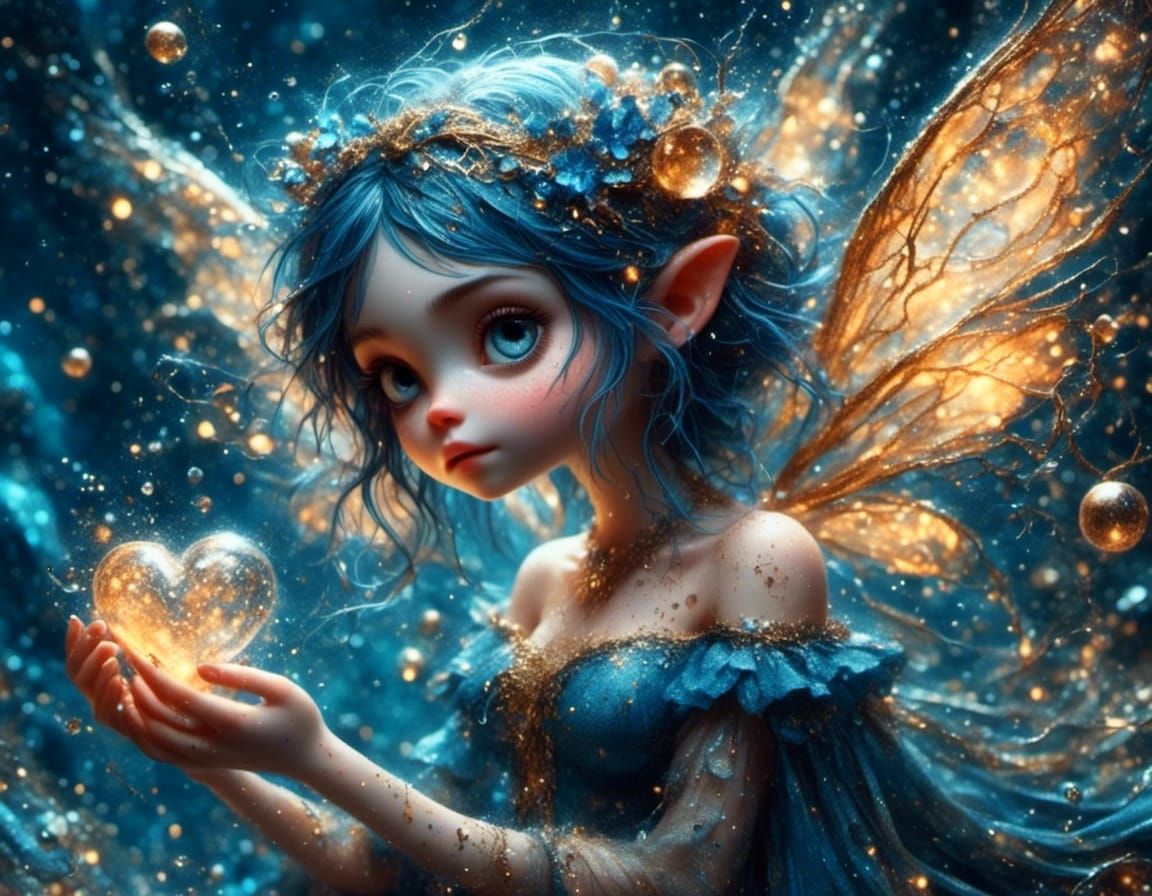 Fantasy concept art, close-up. A fairy repairing a broken he...