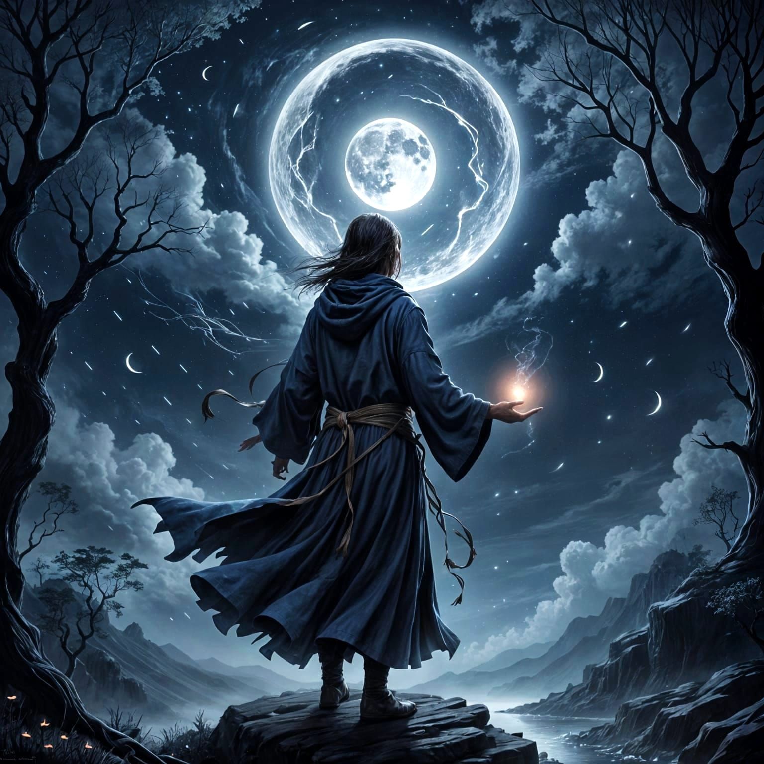 Fantasy Figure Casting Spell Under Moonlight