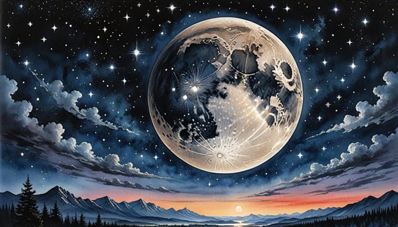 Romantic Watercolor Masterpiece of a Moonlit Night