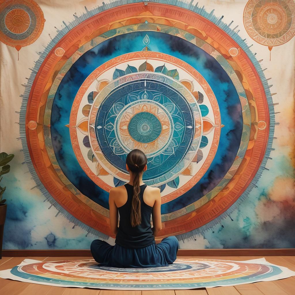 Mystical Priestess Meditating Before Ancient Mandala