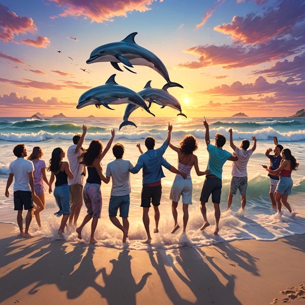 Sunset Beach Selfie with Leaping Dolphin in 8k