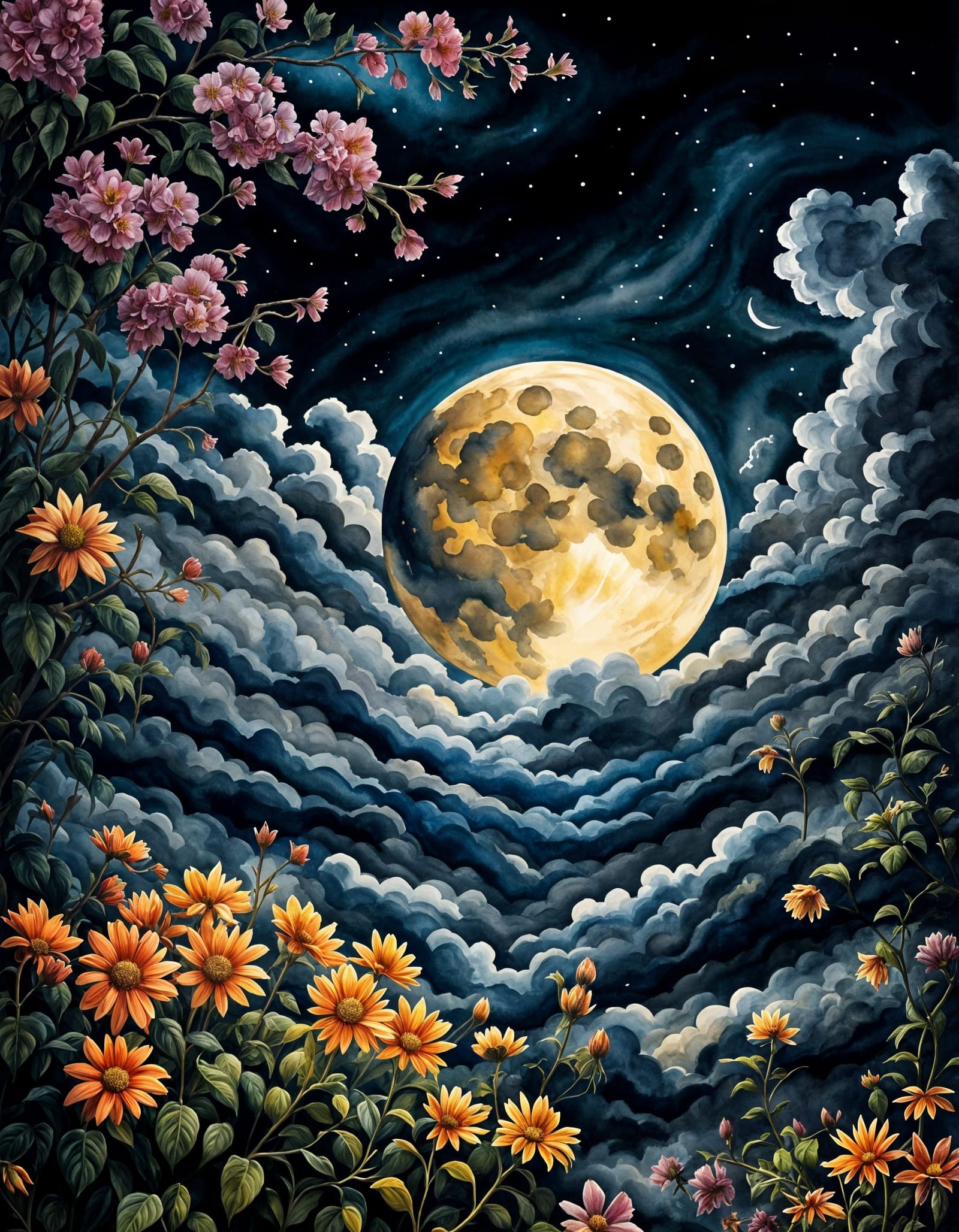 Watercolor Moon with Mountains, Clouds, Flowers and Vines
