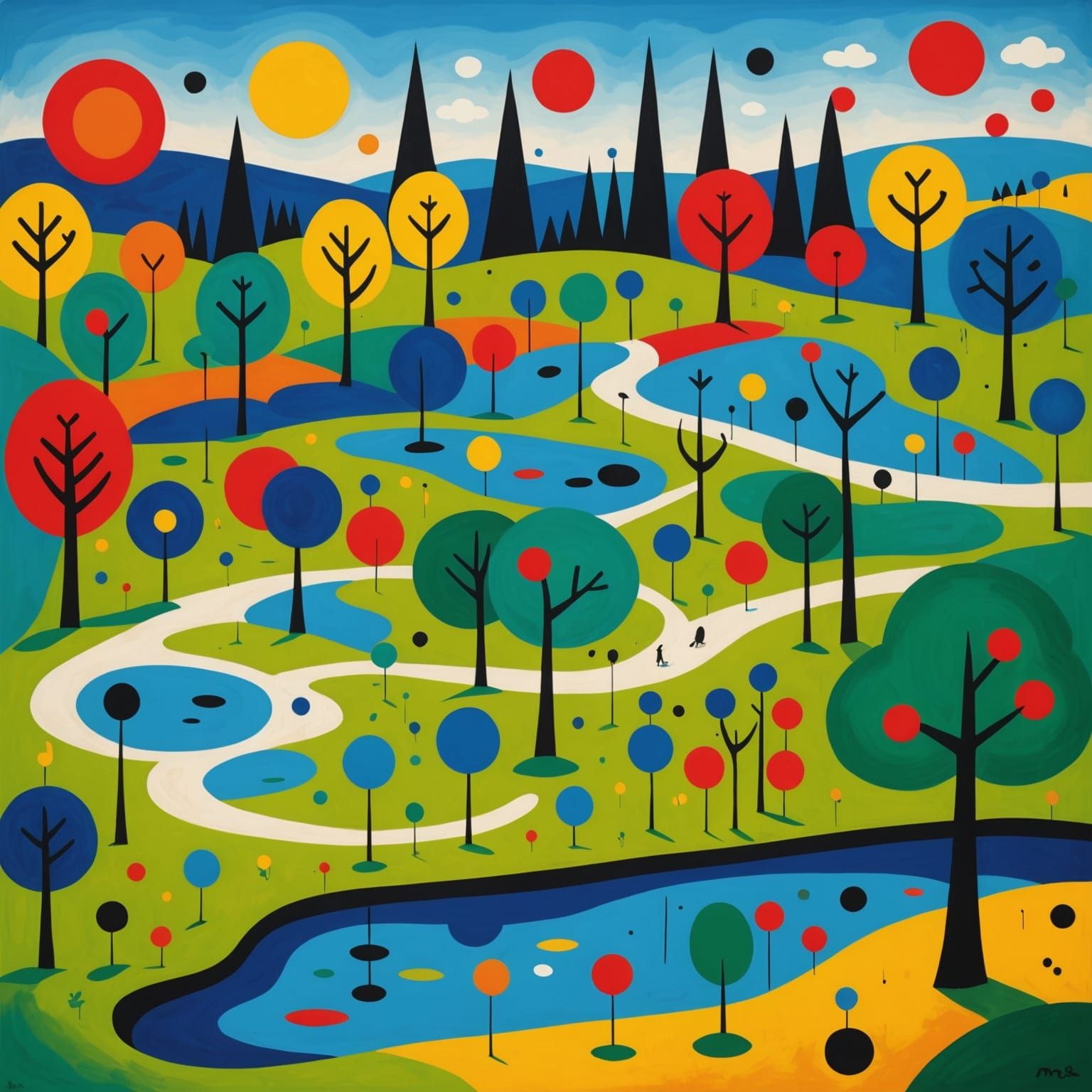 Vibrant Park Scene in Miro-Inspired Style
