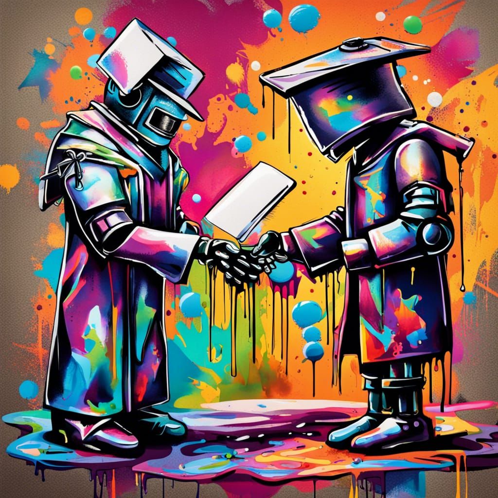 Robot Professor Graduation in Graffiti Art Style