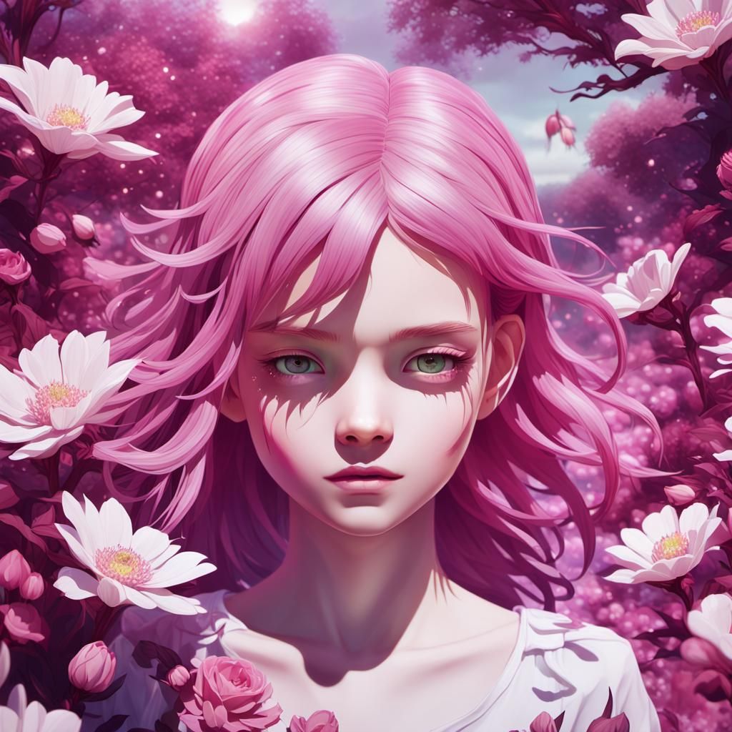 Pink-Haired Girl in Floral Fantasy Landscape