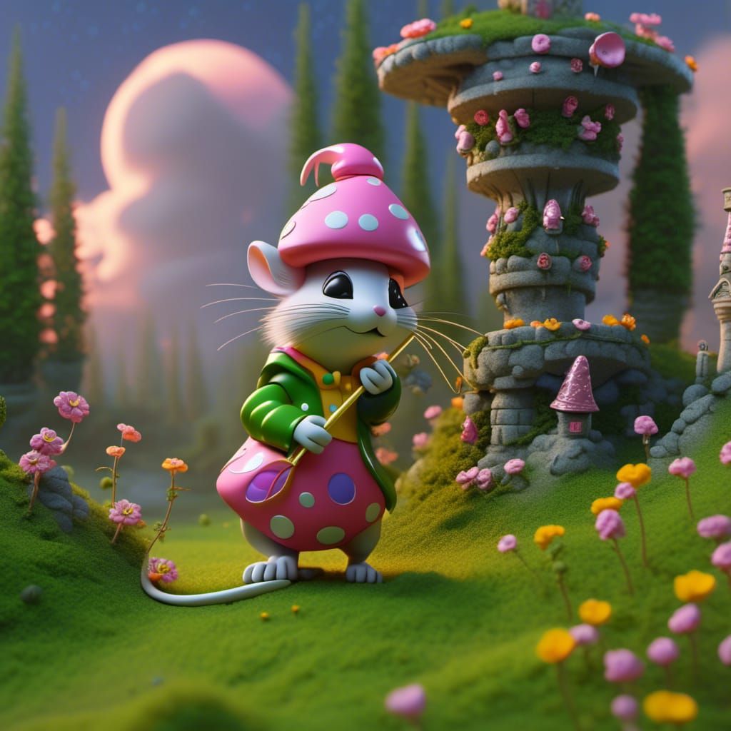 Mice Tea Party on Toadstool in Vaporwave Style