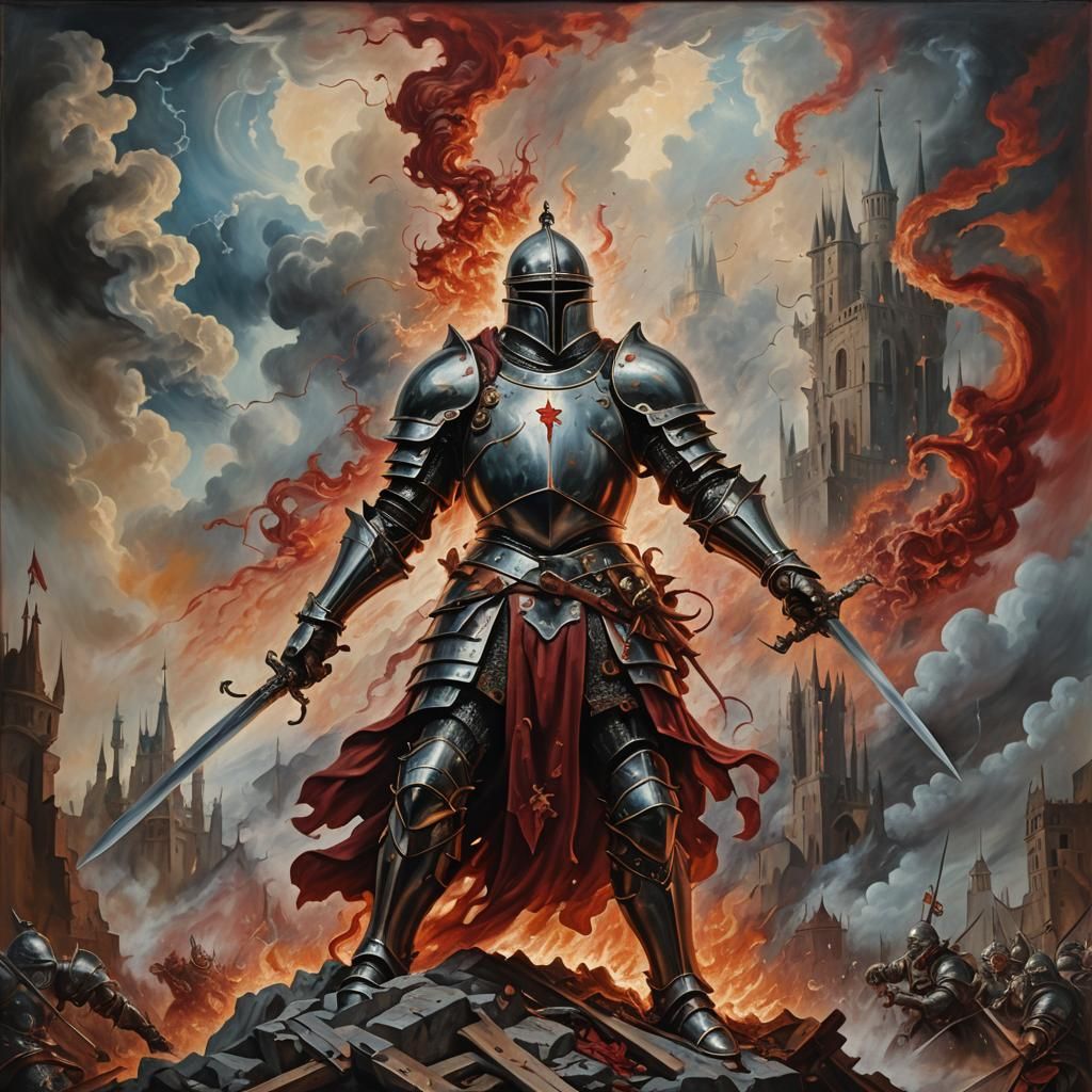 Surreal Knight in Melting Battlefield, Oil on Canvas
