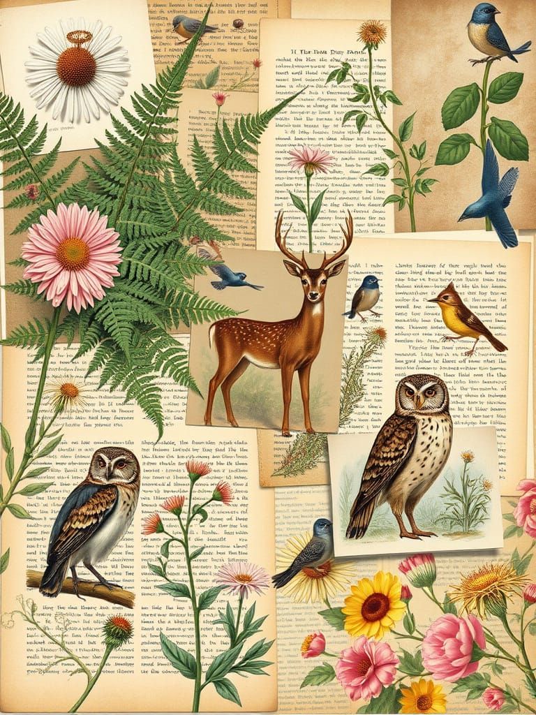 Vintage Nature Collage with Flora and Fauna