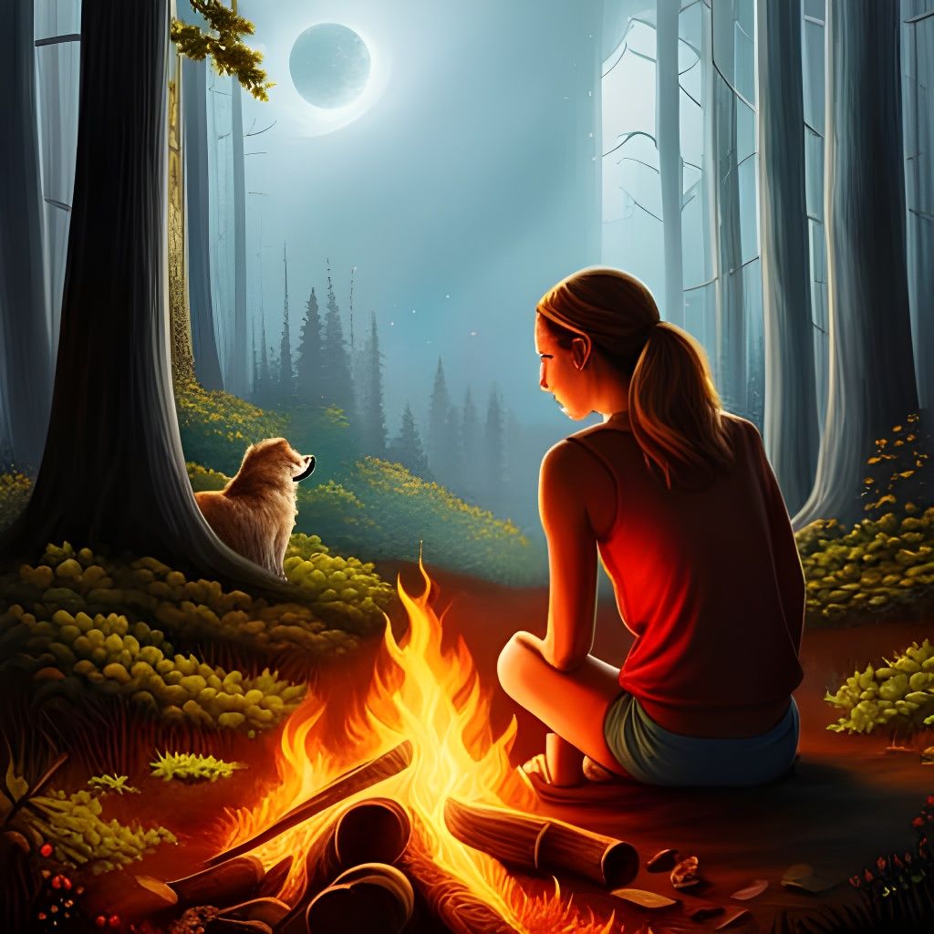 Hunter and Dog Campfire Under Starry Night