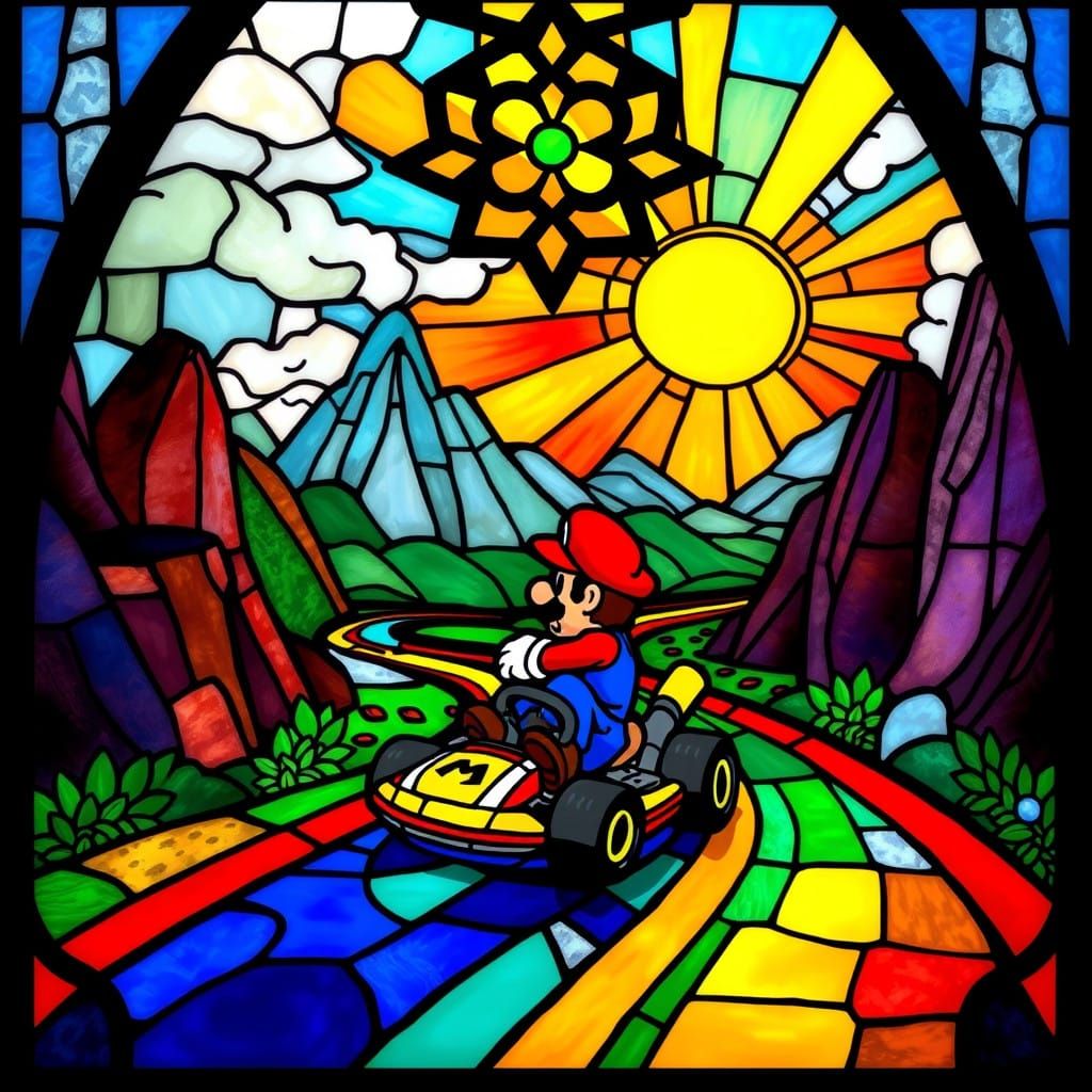 Stained Glass Rainbow Road in Whimsical Art Nouveau Style