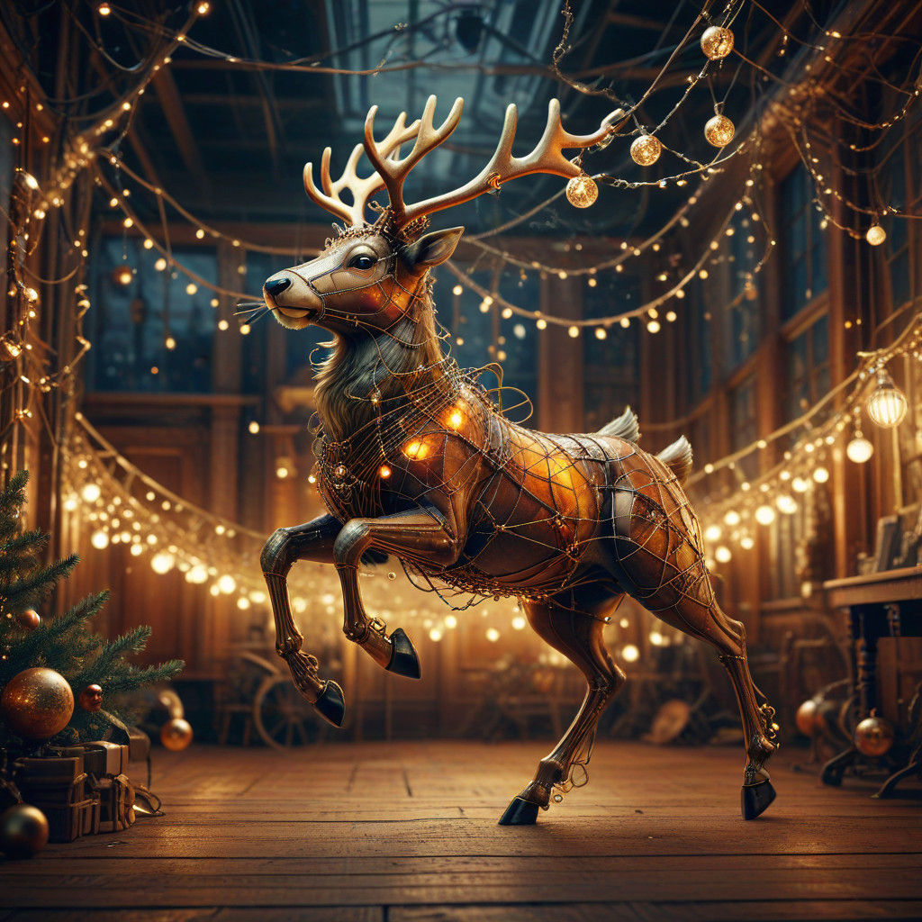 Steampunk Reindeer Dances Amidst Vintage Christmas Lights