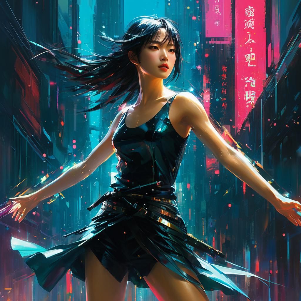 Neo Dodging Bullets in Vibrant Pre-Raphaelite Anime Style