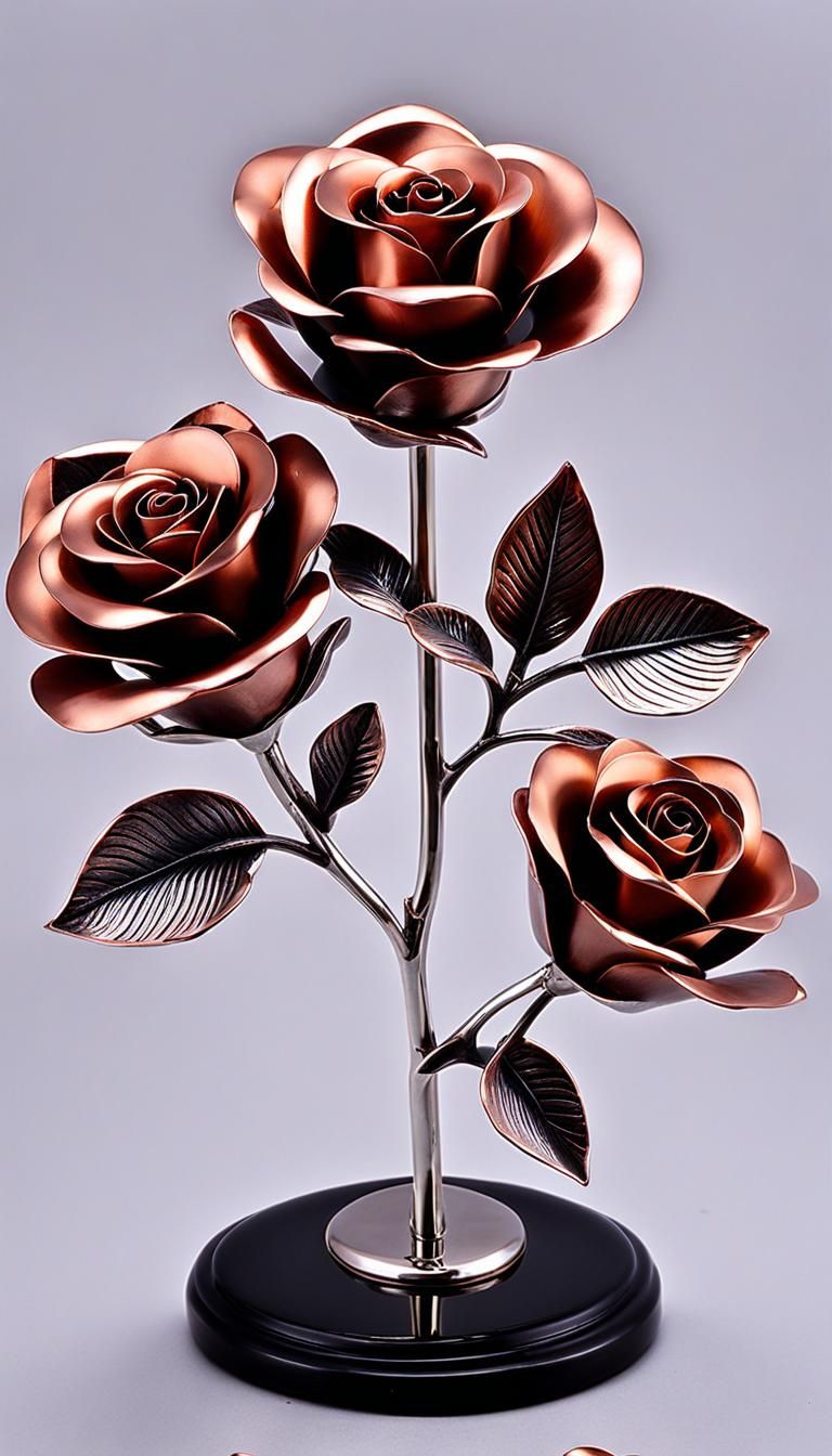 A home decor 3 Dimensional elegant solid copper metal roses, silver brazed & zinc alloy silver base ,each rose hand-made...