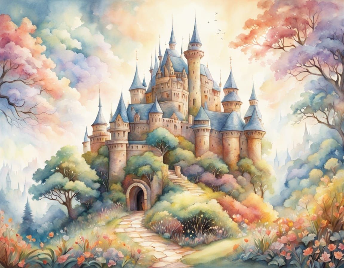 Fairytale Castle Watercolor Painting by Hill
