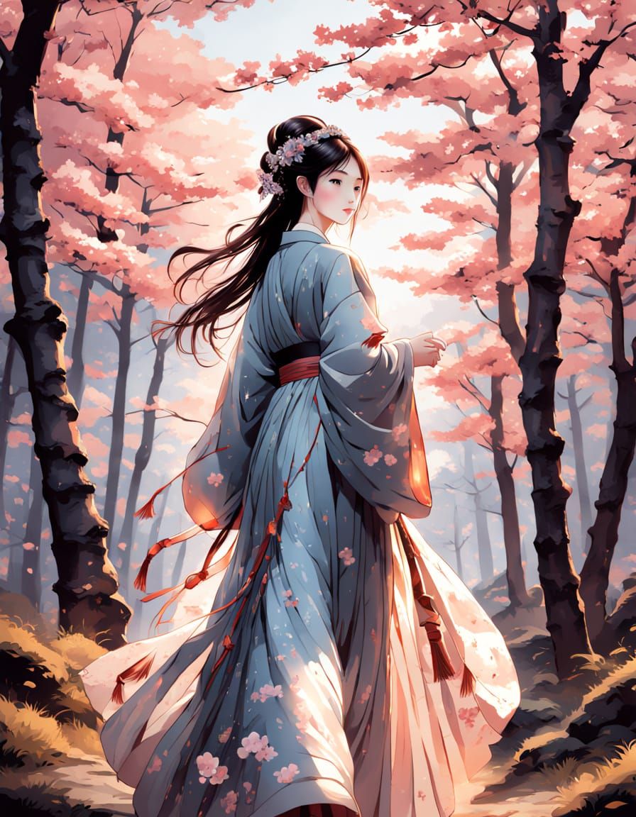 Serene Japanese Princess in Cherry Blossom Forest