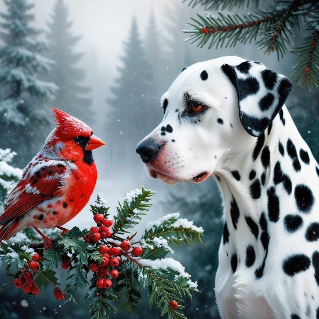 Dalmatian Admires Cardinal in Winter Wonderland